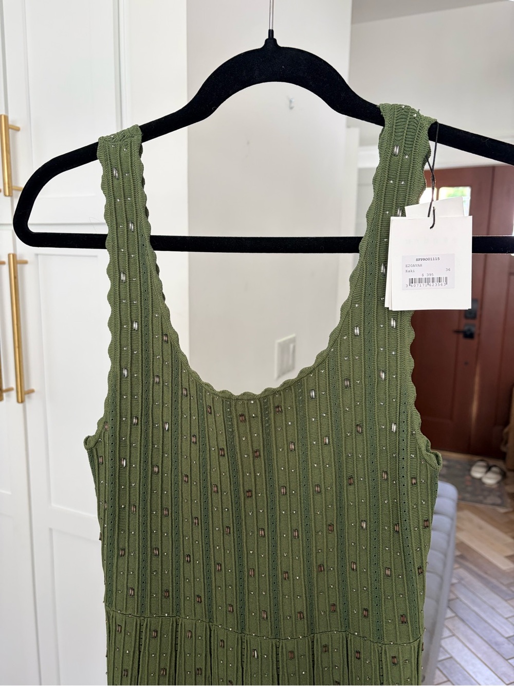 NWT! Sandro Kaki Dress, Beaded Olive Green Sleeveless Knit. Size 36 (Org. $395!) - Picture 5 of 9